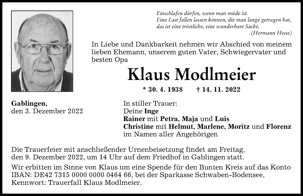  Traueranzeige für Klaus Modlmeier vom 03.12.2022 aus Augsburger Allgemeine
