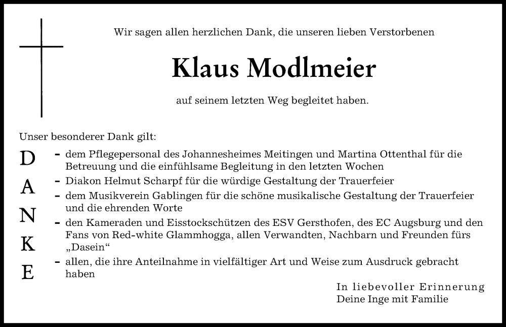  Traueranzeige für Klaus Modlmeier vom 17.12.2022 aus Augsburger Allgemeine