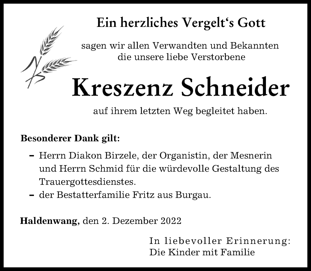  Traueranzeige für Kreszenz Schneider vom 02.12.2022 aus Günzburger Zeitung