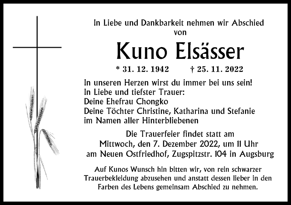  Traueranzeige für Kuno Elsässer vom 03.12.2022 aus Augsburger Allgemeine