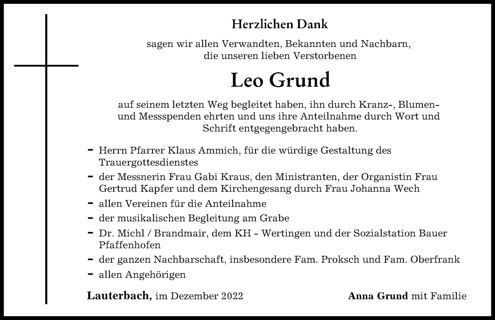  Traueranzeige für Leo Grund vom 10.12.2022 aus Wertinger Zeitung