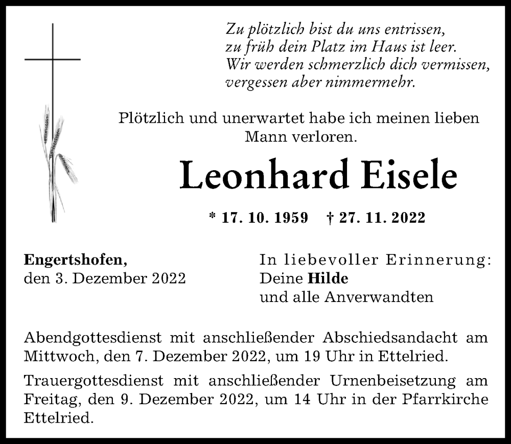 Traueranzeige von Leonhard Eisele von Augsburg-Land