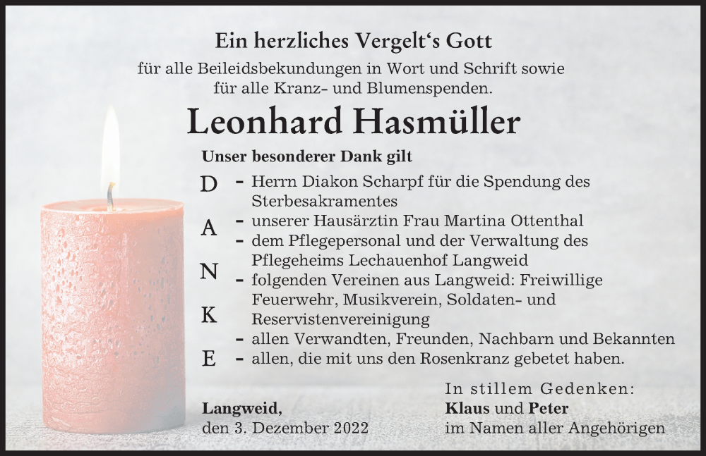 Traueranzeige von Leonhard Hasmüller von Augsburg-Land