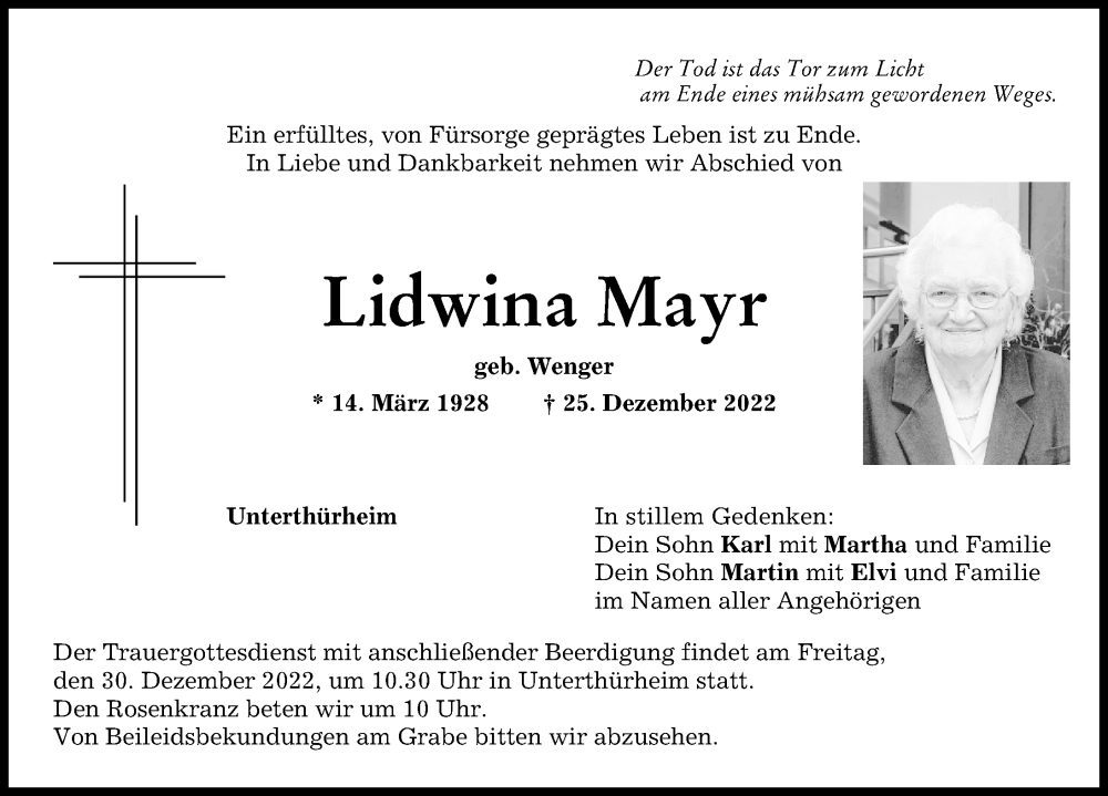 Traueranzeigen Von Lidwina Mayr Augsburger Allgemeine Zeitung