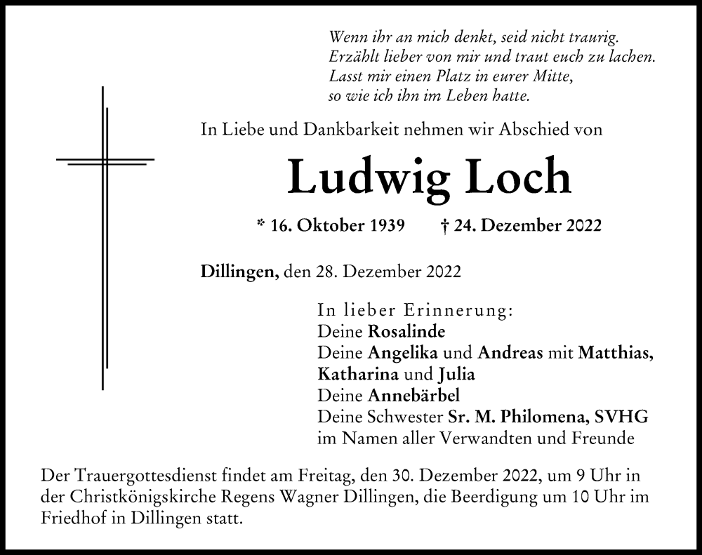 Traueranzeige von Ludwig Loch von Donau Zeitung