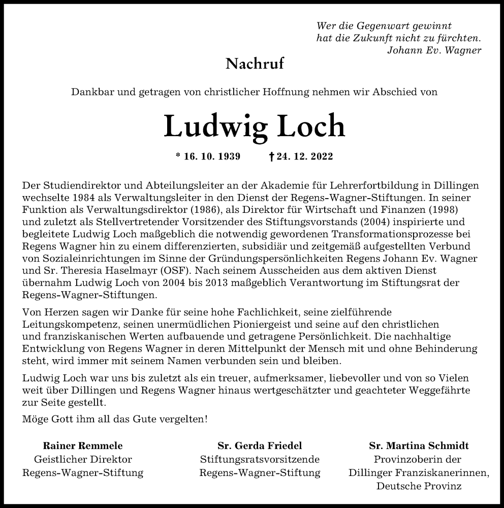  Traueranzeige für Ludwig Loch vom 29.12.2022 aus Wertinger Zeitung, Donau Zeitung