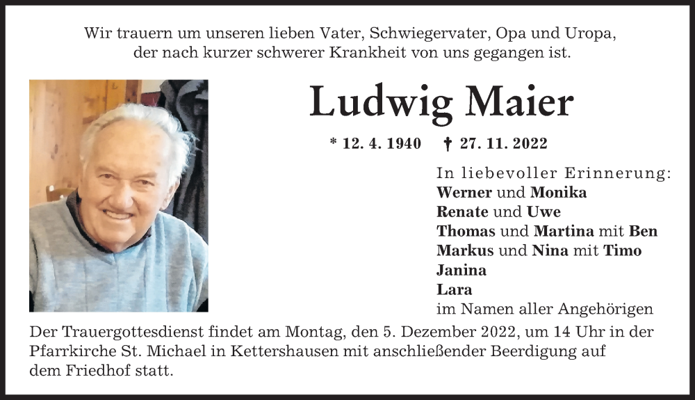  Traueranzeige für Ludwig Maier vom 02.12.2022 aus Illertisser Zeitung
