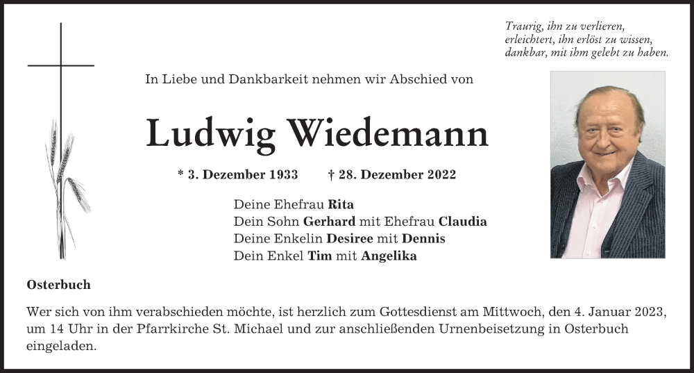 Traueranzeigen Von Ludwig Wiedemann Augsburger Allgemeine Zeitung