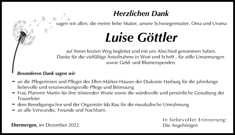  Traueranzeige für Luise Göttler vom 10.12.2022 aus Donauwörther Zeitung