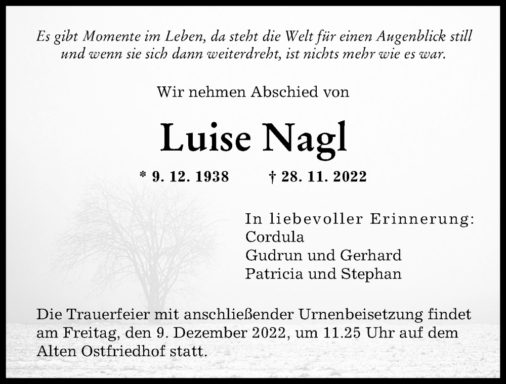 Traueranzeige von Luise Nagl von Augsburger Allgemeine