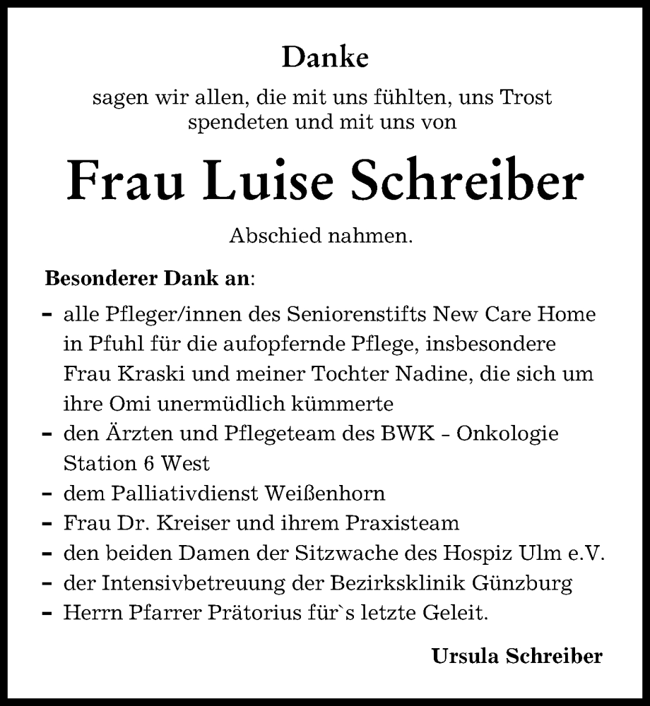  Traueranzeige für Luise Schreiber vom 03.12.2022 aus Neu-Ulmer Zeitung