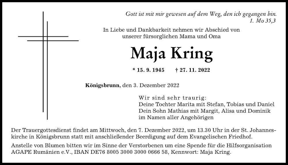  Traueranzeige für Maja Kring vom 03.12.2022 aus Augsburger Allgemeine