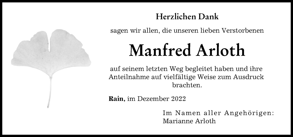  Traueranzeige für Manfred Arloth vom 07.12.2022 aus Donauwörther Zeitung