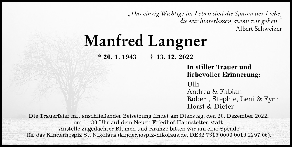 Traueranzeige von Manfred Langner von Augsburger Allgemeine