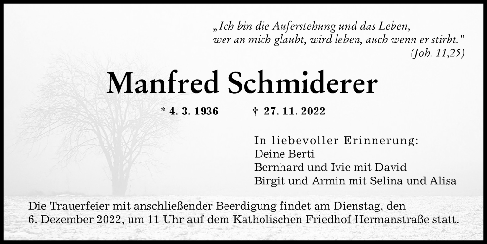  Traueranzeige für Manfred Schmiderer vom 03.12.2022 aus Augsburger Allgemeine