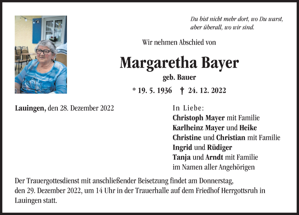 Traueranzeige von Margaretha Bayer von Donau Zeitung