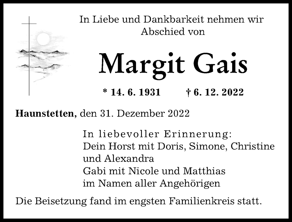 Traueranzeige von Margit Gais von Augsburger Allgemeine