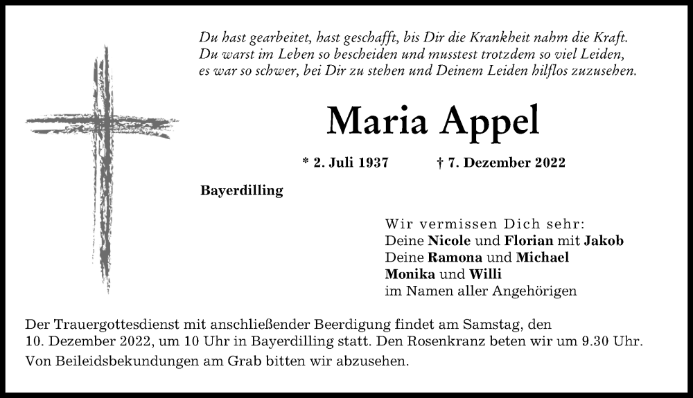 Traueranzeige von Maria Appel von Donauwörther Zeitung