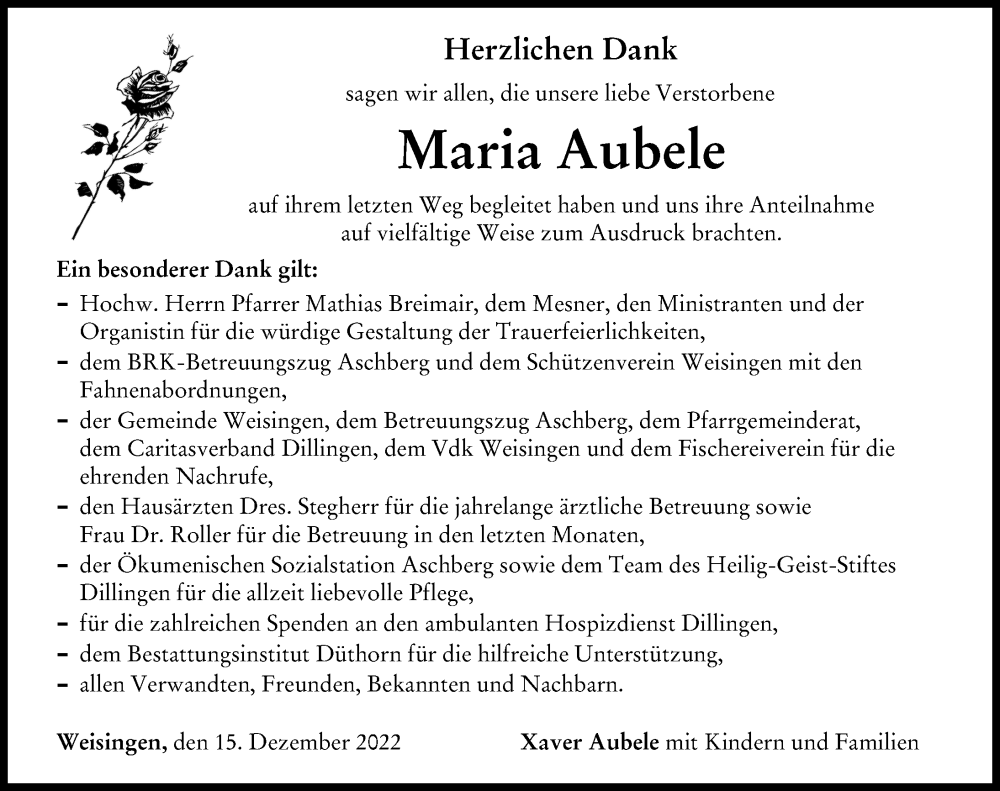  Traueranzeige für Maria Aubele vom 15.12.2022 aus Donau Zeitung
