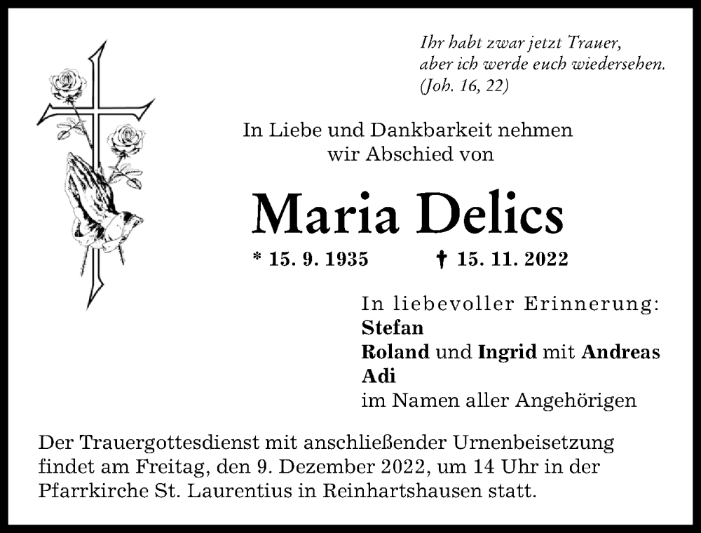  Traueranzeige für Maria Delics vom 03.12.2022 aus Schwabmünchner Allgemeine
