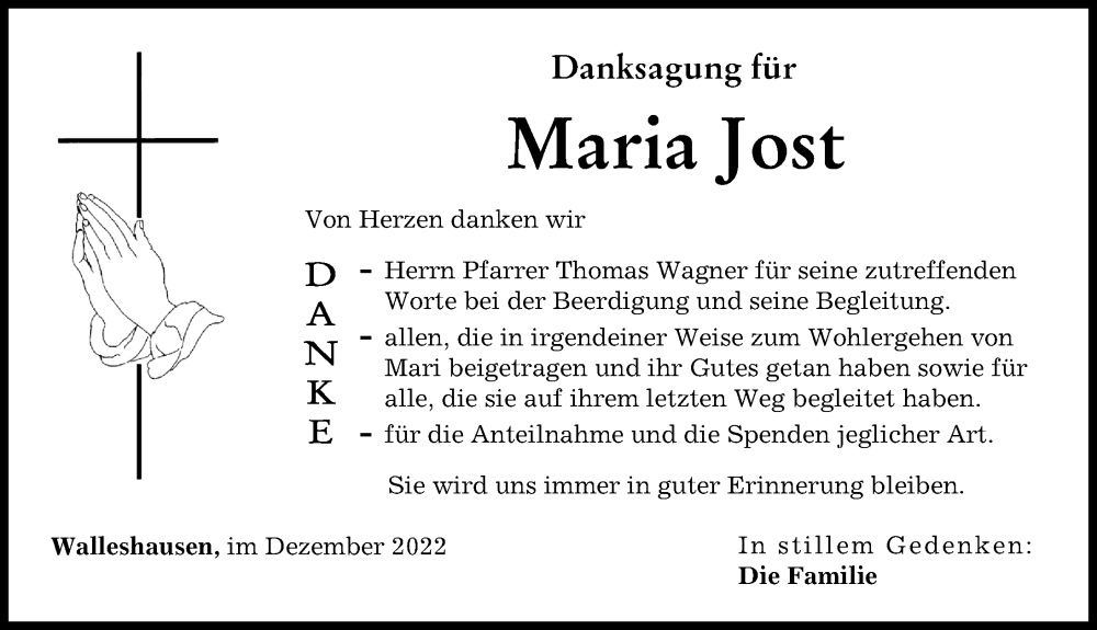  Traueranzeige für Maria Jost vom 19.12.2022 aus Landsberger Tagblatt