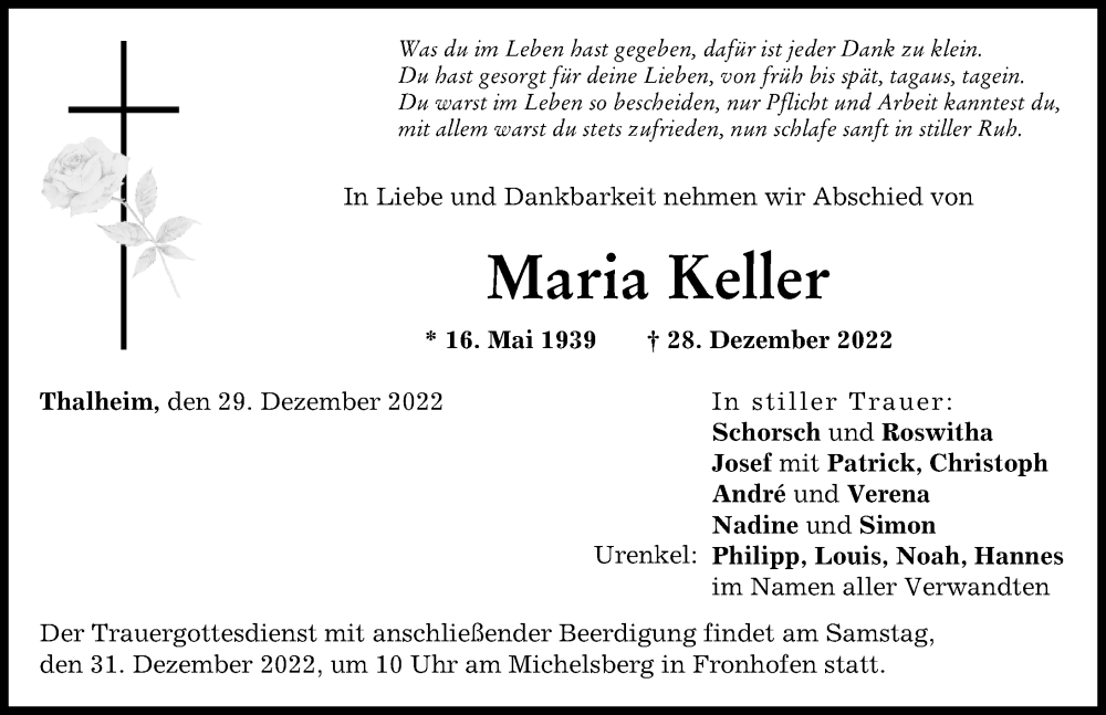 Traueranzeigen Von Maria Keller | Augsburger Allgemeine Zeitung