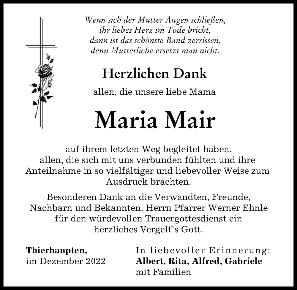 Traueranzeigen Von Maria Mair | Augsburger Allgemeine Zeitung