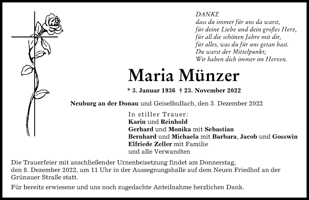  Traueranzeige für Maria Münzer vom 03.12.2022 aus Neuburger Rundschau