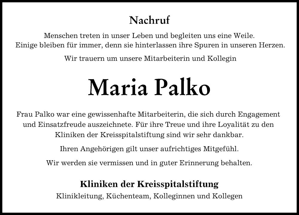 Traueranzeige von Maria Palko von Neu-Ulmer Zeitung