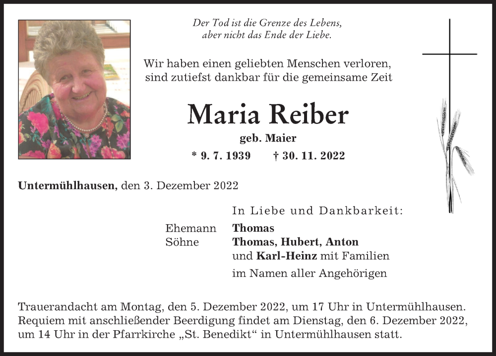 Traueranzeige von Maria Reiber von Landsberger Tagblatt