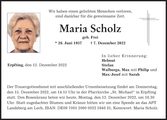 Traueranzeigen von Maria Scholz | Augsburger Allgemeine Zeitung