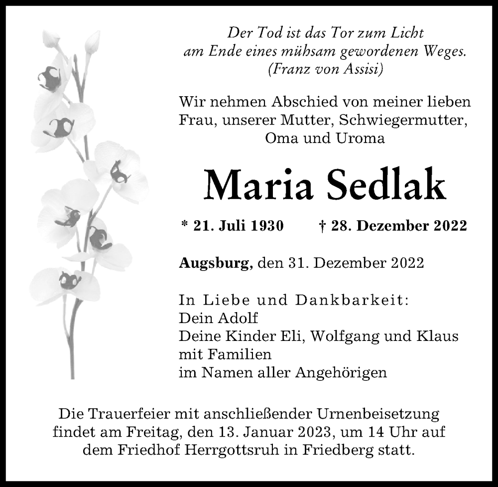 Traueranzeigen Von Maria Sedlak Augsburger Allgemeine Zeitung