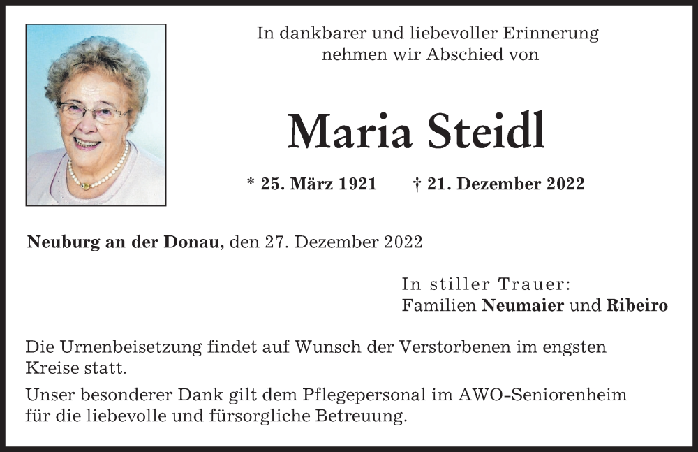 Traueranzeigen Von Maria Steidl Augsburger Allgemeine Zeitung