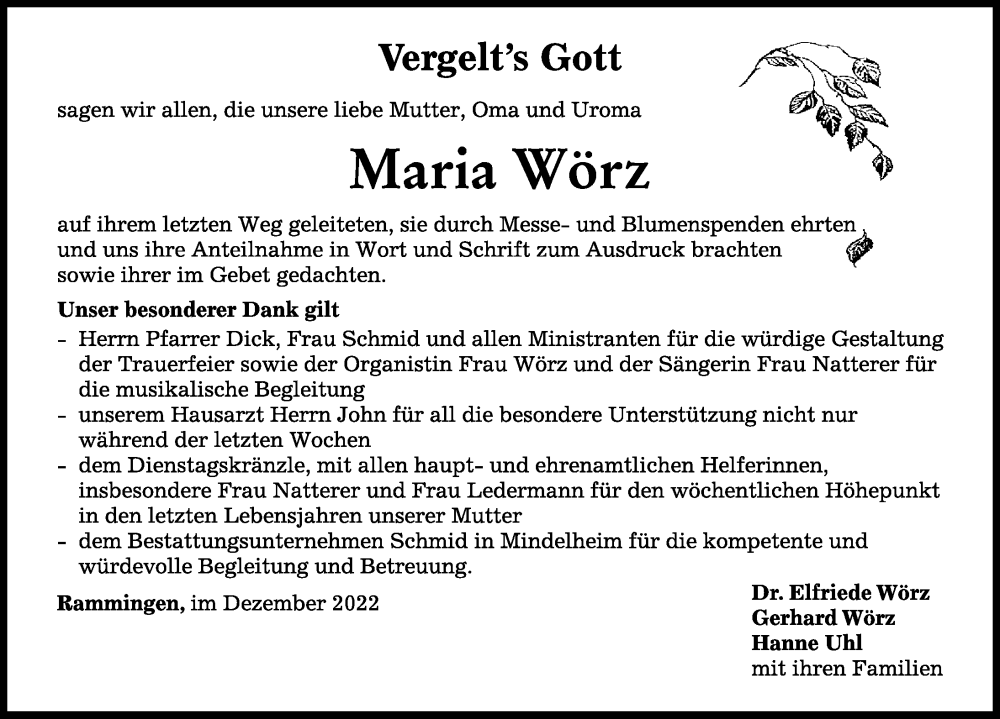  Traueranzeige für Maria Wörz vom 15.12.2022 aus Mindelheimer Zeitung