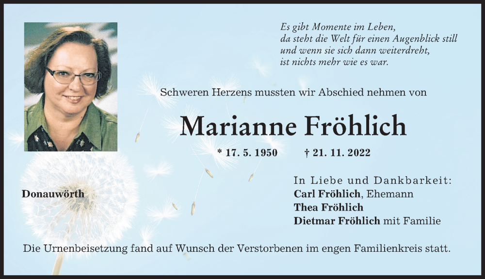 Traueranzeige von Marianne Fröhlich von Donauwörther Zeitung