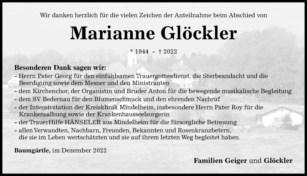 Traueranzeige für Marianne Glöckler vom 17.12.2022 aus Mindelheimer Zeitung