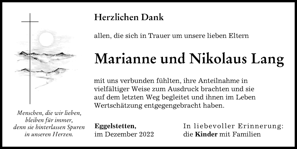  Traueranzeige für Marianne Lang vom 03.12.2022 aus Donauwörther Zeitung