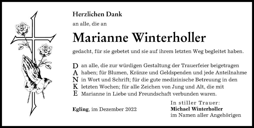  Traueranzeige für Marianne Winterholler vom 19.12.2022 aus Landsberger Tagblatt