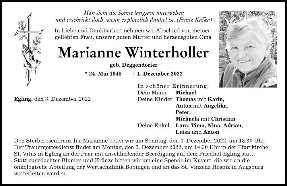  Traueranzeige für Marianne Winterholler vom 03.12.2022 aus Landsberger Tagblatt