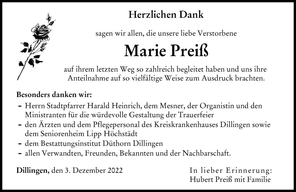 Traueranzeige von Marie Preiß von Donau Zeitung