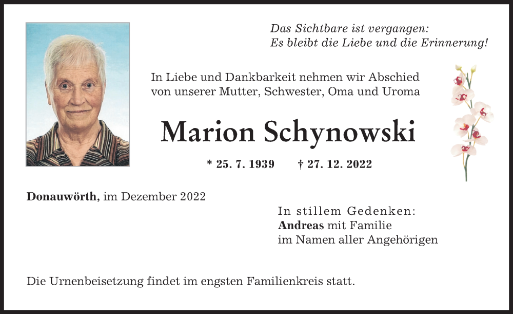 Traueranzeige von Marion Schynowski von Donauwörther Zeitung