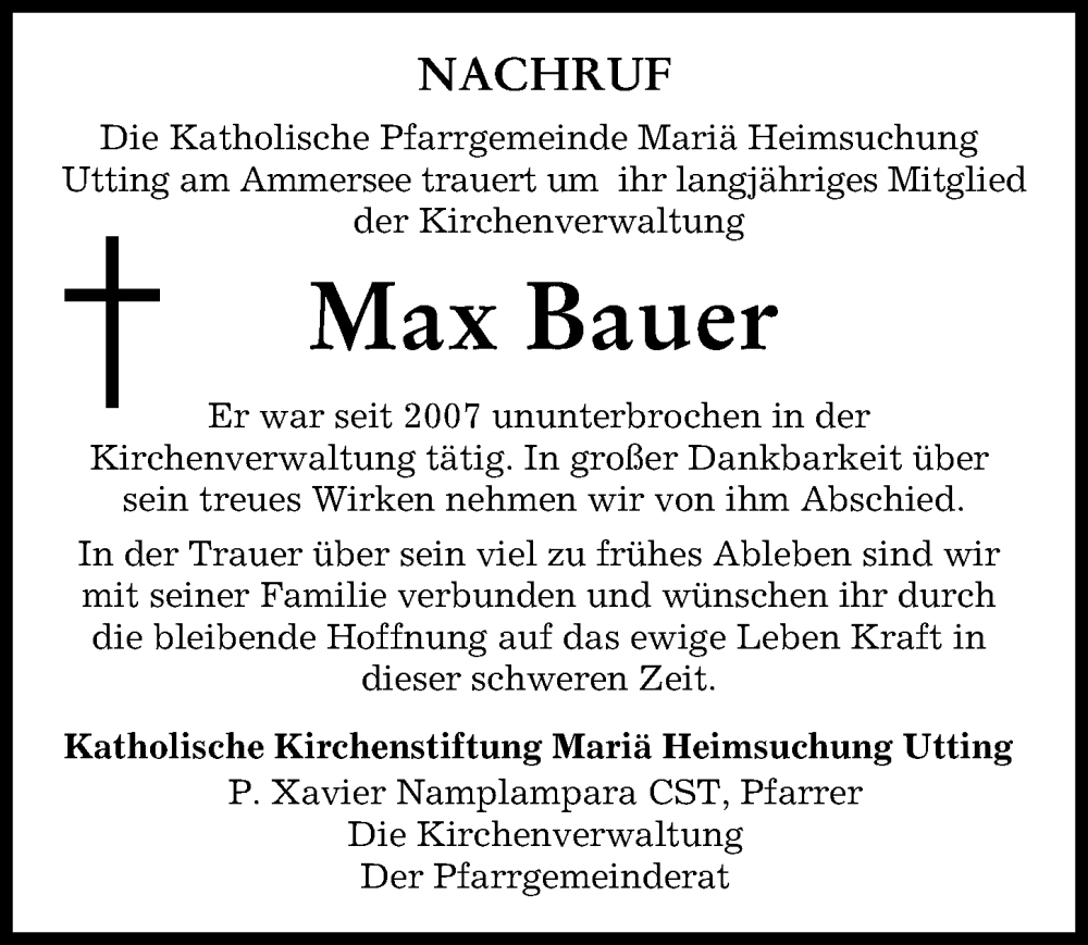  Traueranzeige für Max Bauer vom 06.12.2022 aus Landsberger Tagblatt