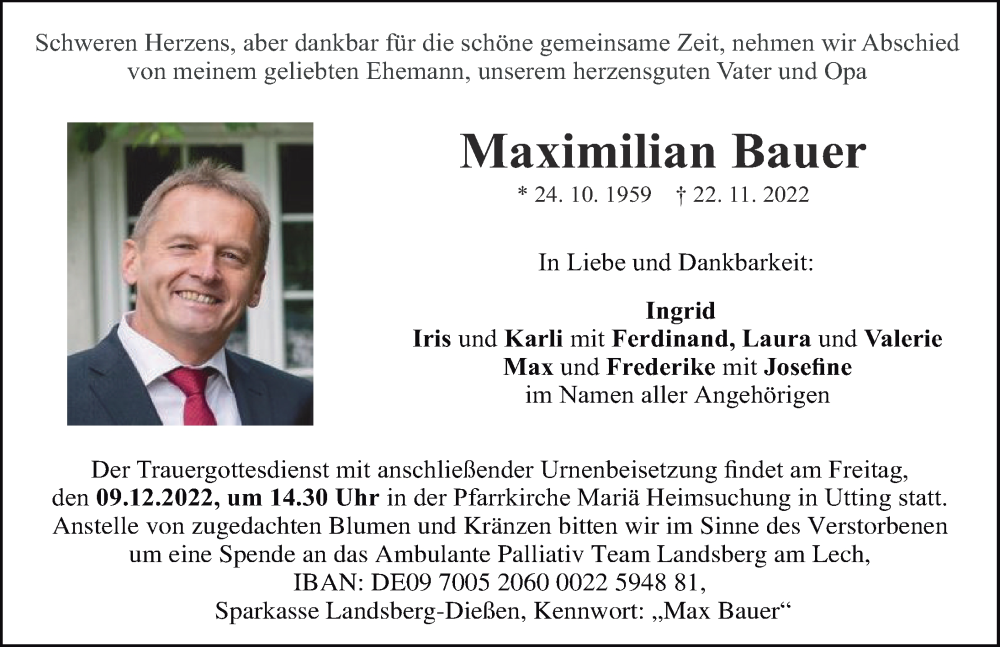  Traueranzeige für Maximilian Bauer vom 03.12.2022 aus Landsberger Tagblatt