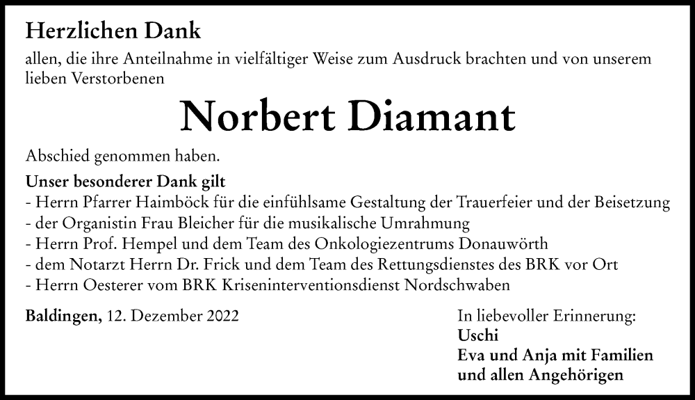  Traueranzeige für Norbert Diamant vom 12.12.2022 aus Rieser Nachrichten
