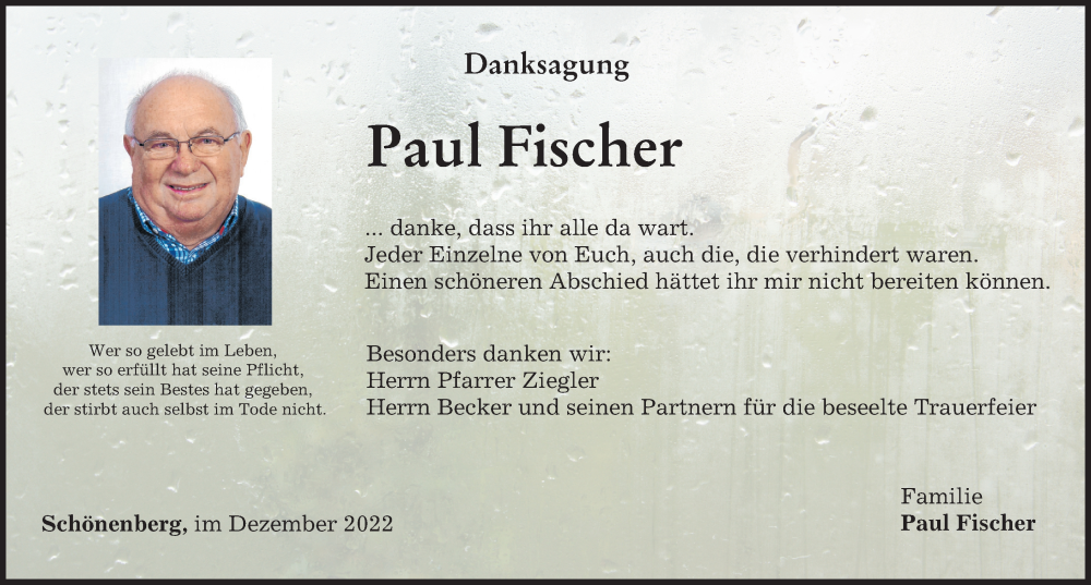  Traueranzeige für Paul Fischer vom 10.12.2022 aus Günzburger Zeitung