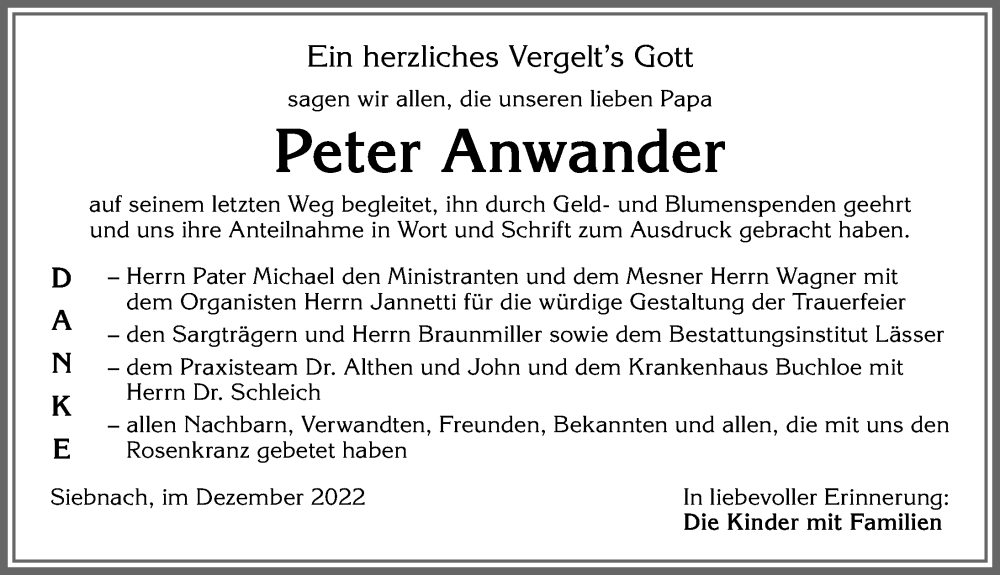  Traueranzeige für Peter Anwander vom 05.12.2022 aus Mindelheimer Zeitung