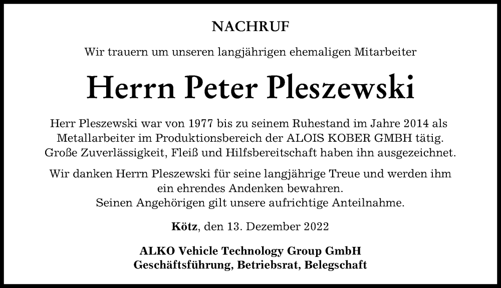 Traueranzeige von Peter Pleszewski von Günzburger Zeitung
