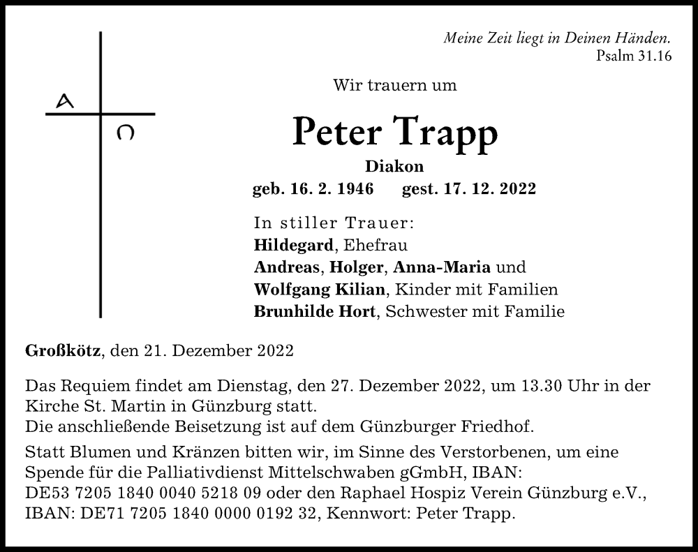  Traueranzeige für Peter Trapp vom 21.12.2022 aus Günzburger Zeitung