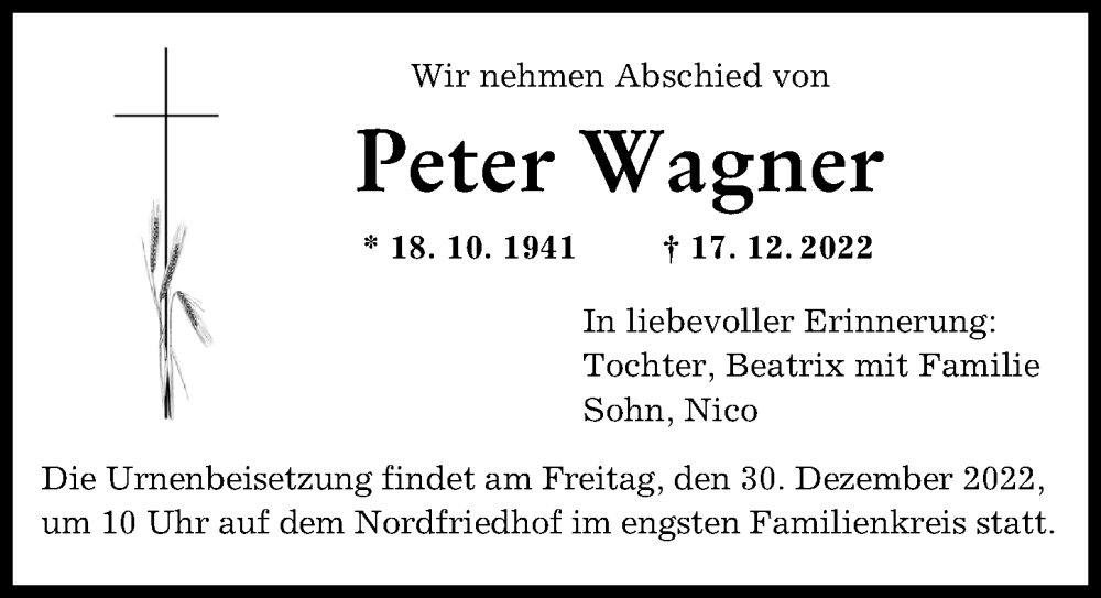 Traueranzeige von Peter Wagner von Augsburger Allgemeine