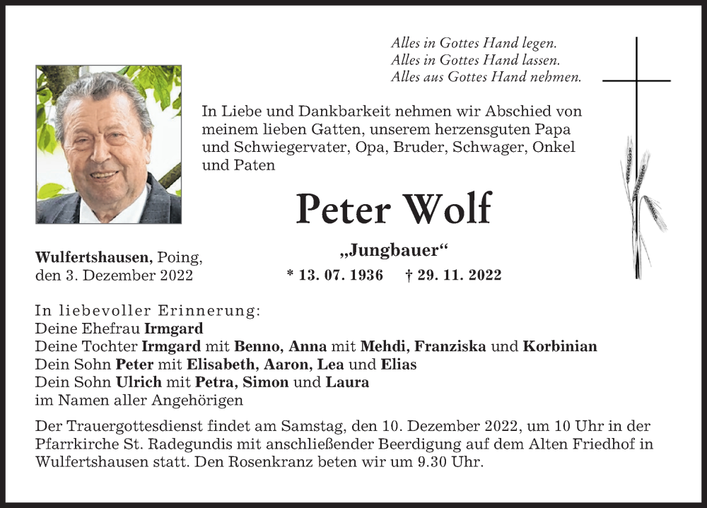 Traueranzeige von Peter Wolf von Friedberger Allgemeine, Aichacher Nachrichten